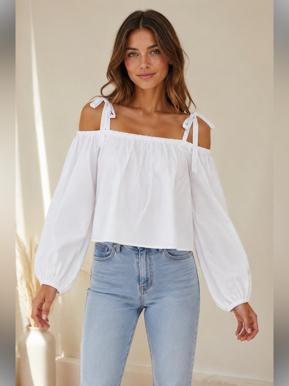 Haute Rogue White Cotton Off Shoulder Tie Strap Puff Sleeve Blouse Size Small